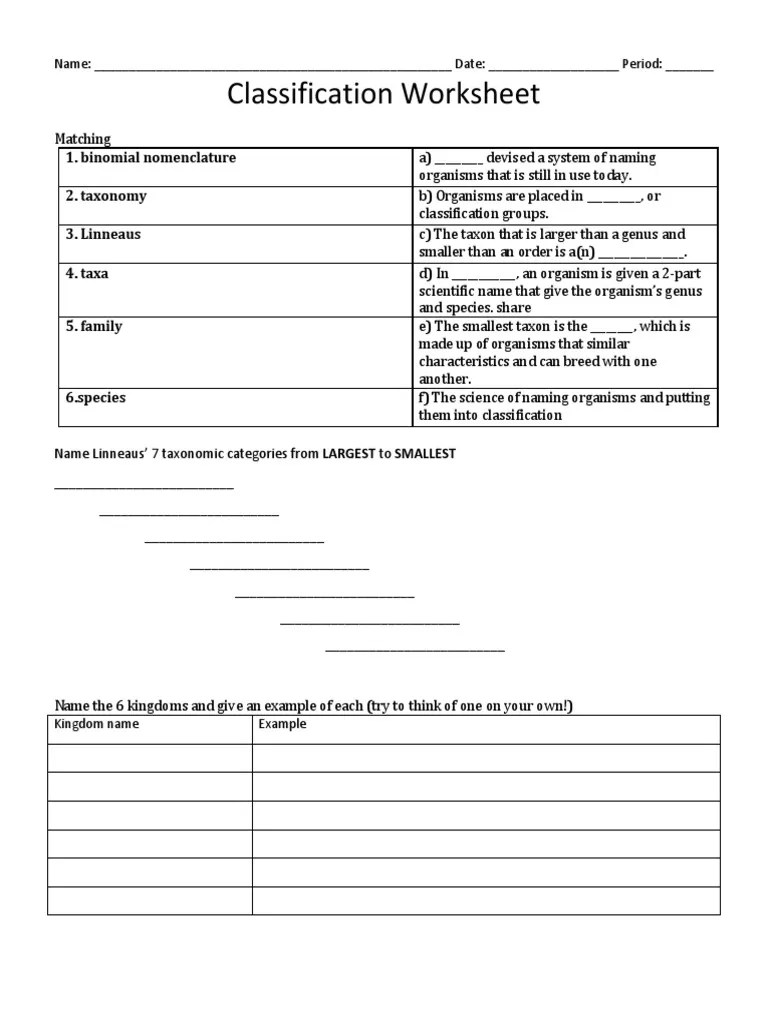 classification worksheet Genus Taxonomy (Biology)