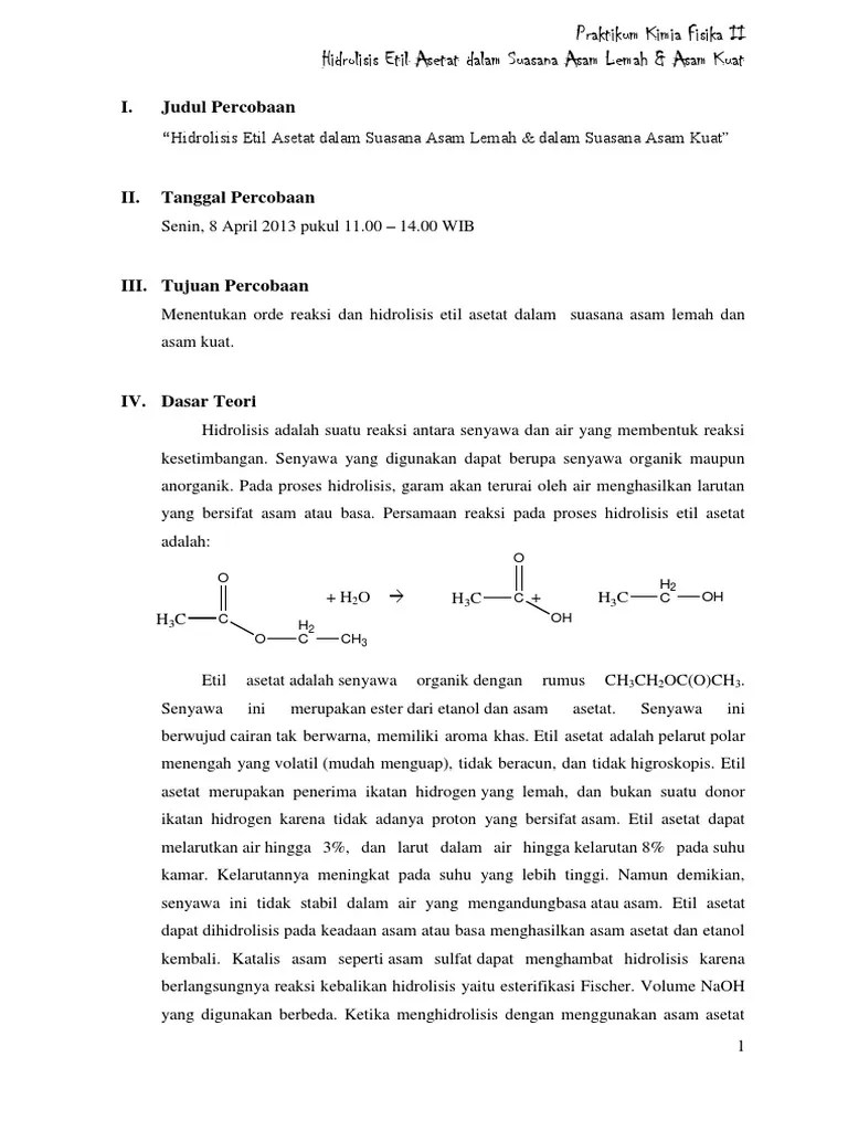 Hidrolisis Etil Asetat Dalam Suasana Asam Lemah &amp; Asam Kuat | PDF