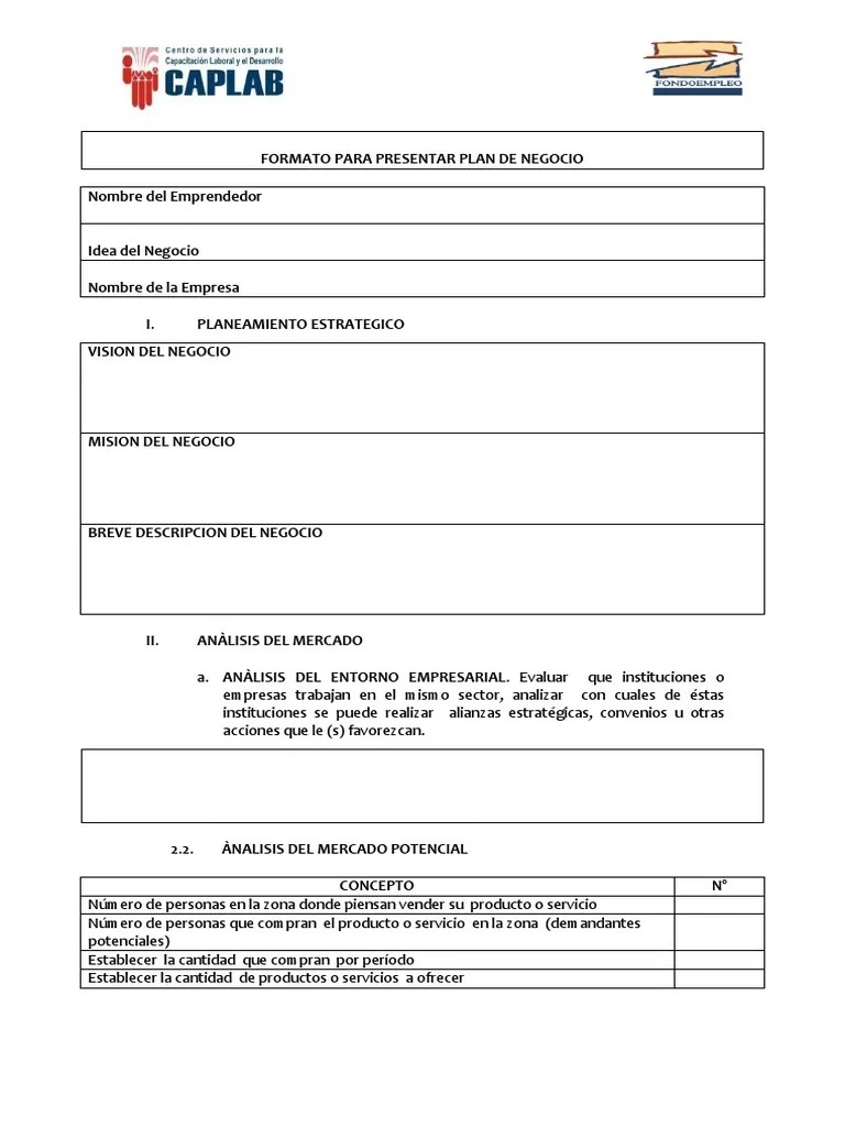 Formato Plan de Negocio Costo Mercado (economía)