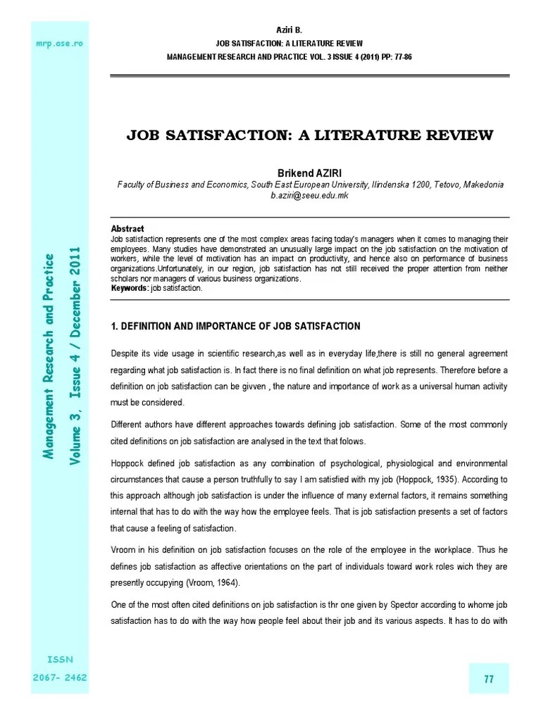 JOB SATISFACTION A LITERATURE REVIEW Job Satisfaction Contentment