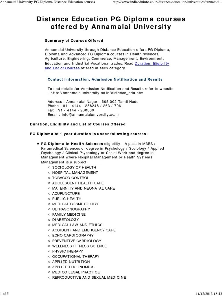 Annamalai University PG Diploma Distance Education Courses