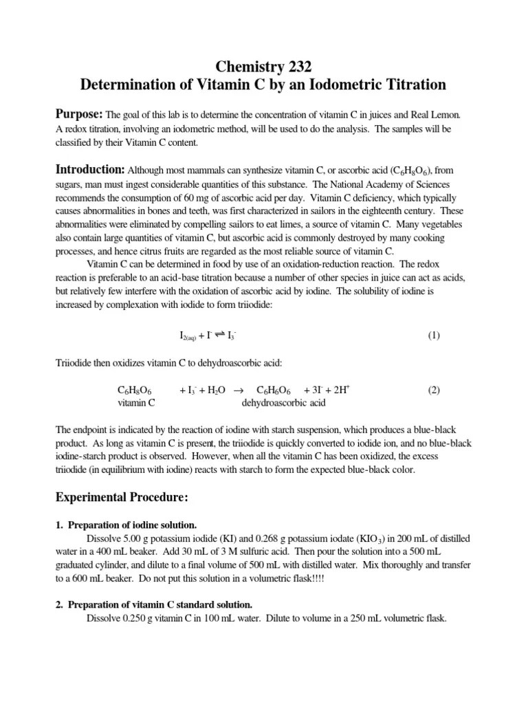Chemistry 232 Determination of Vitamin C by An Iodometric Titration PDF