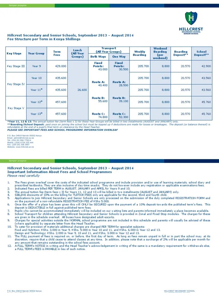 Hillcrest Secondary and Senior Schools Fee Structure 2013 2014 Fee