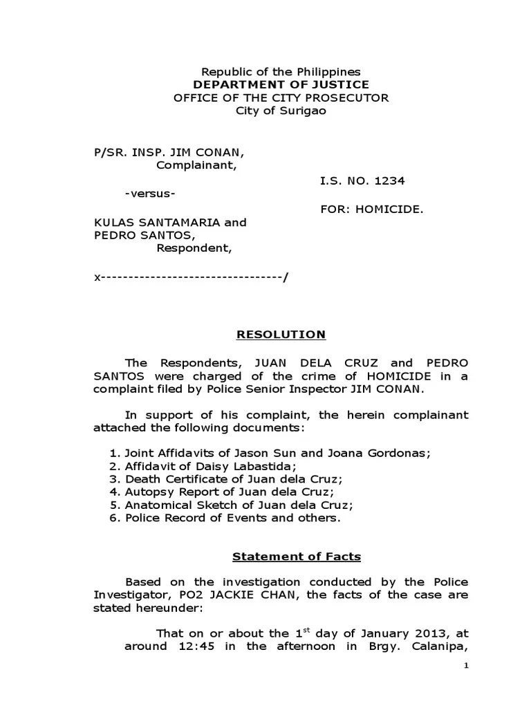 Sample Prosecutors Resolution Involving Homicide PDF Self Defense