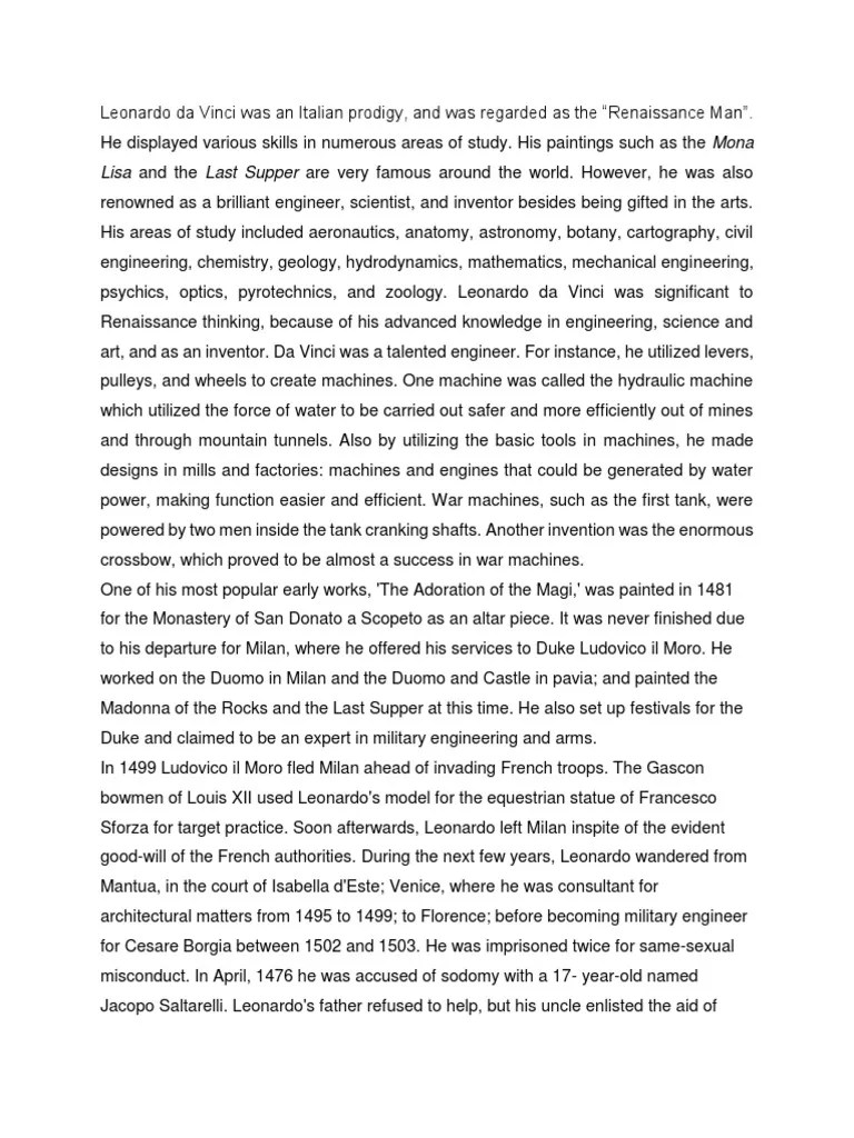 Leonardo Da Vinci Essay Leonardo Da Vinci Florence
