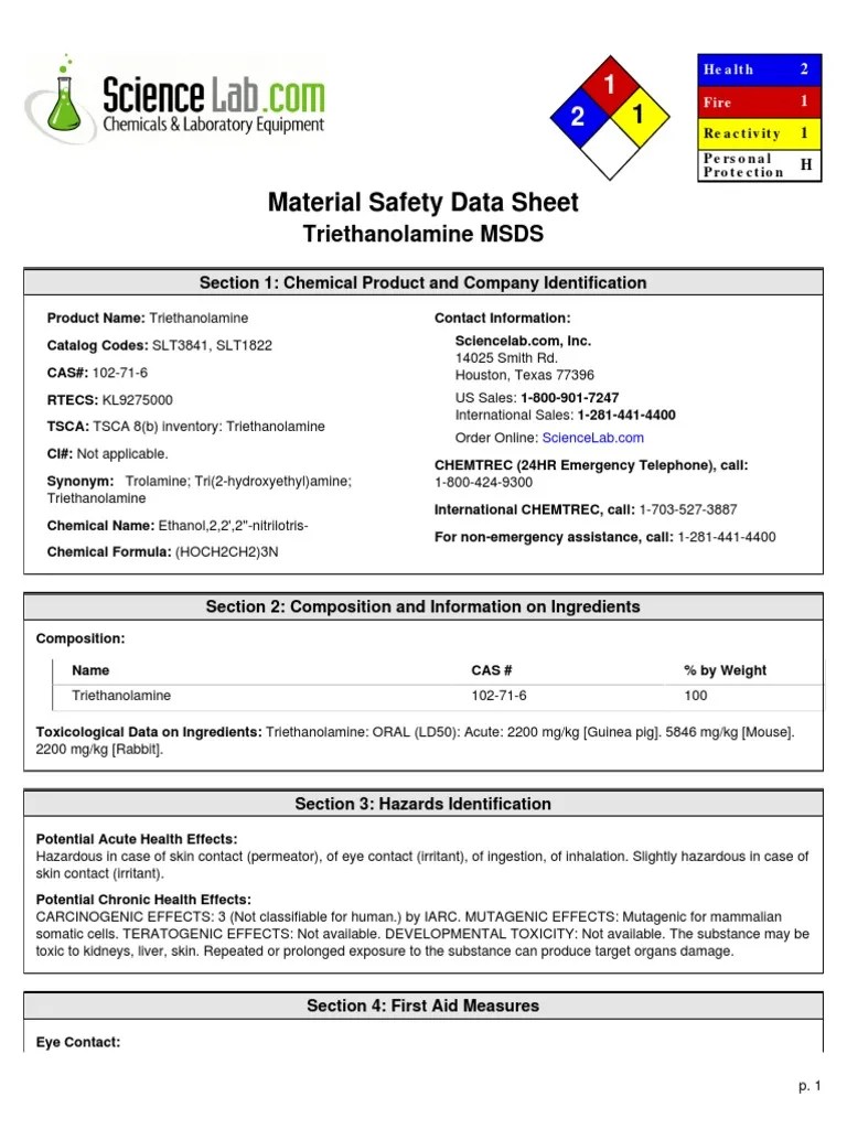 Msds Triethanolamine PDF Toxicity Mutagen