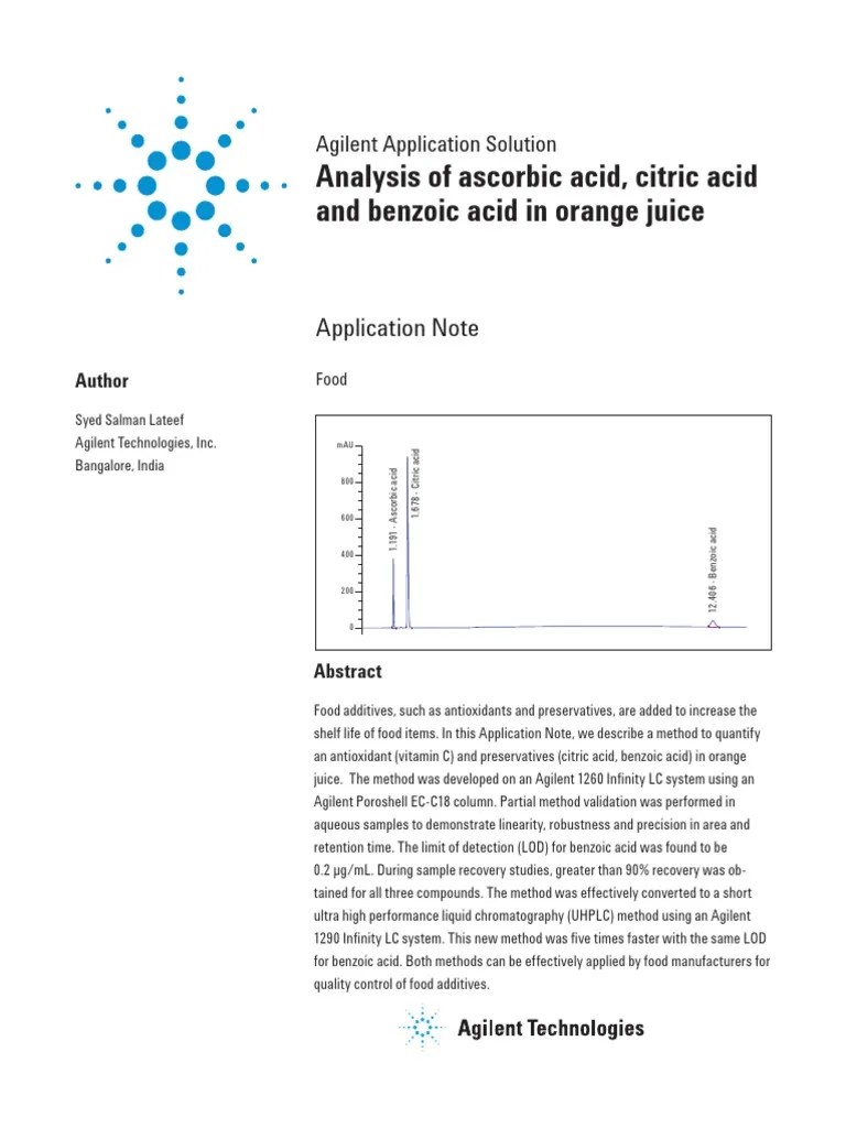 Analysis Ascorbic Acid Citric Acid Benzoic Acid in Orange Juice PDF