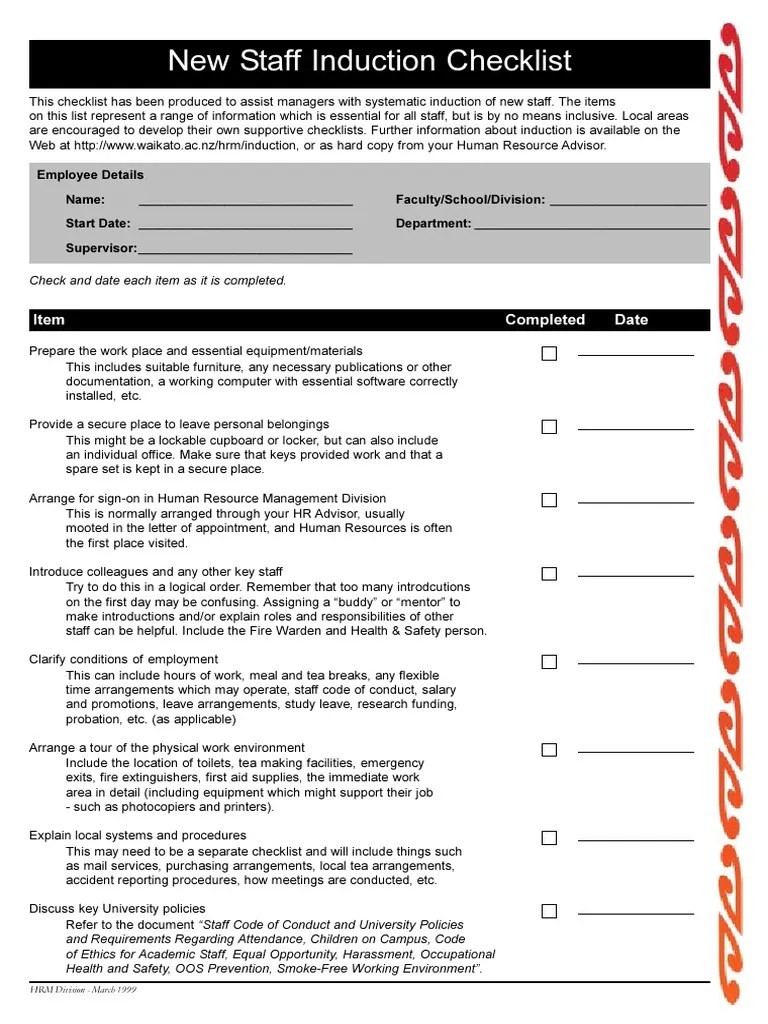 New Staff Induction Checklist Performance Appraisal Employment