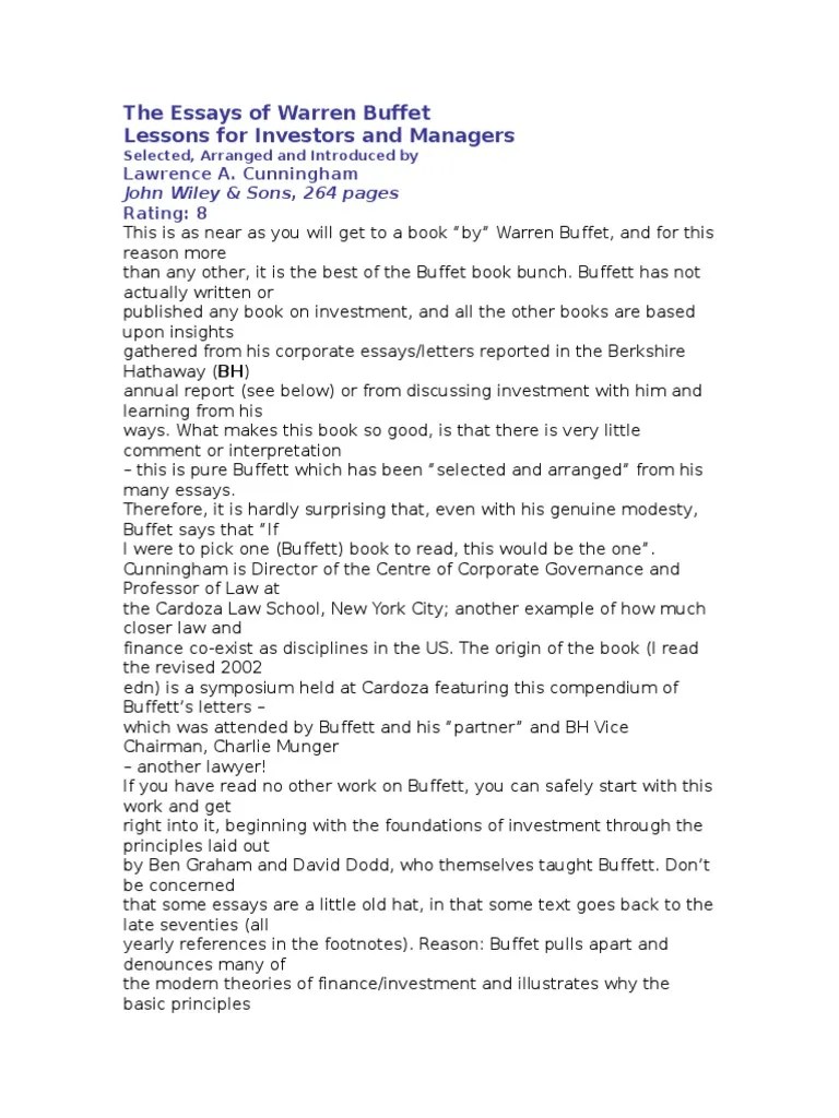 Finance The Essays of Warren Buffet on Lessons for Investors