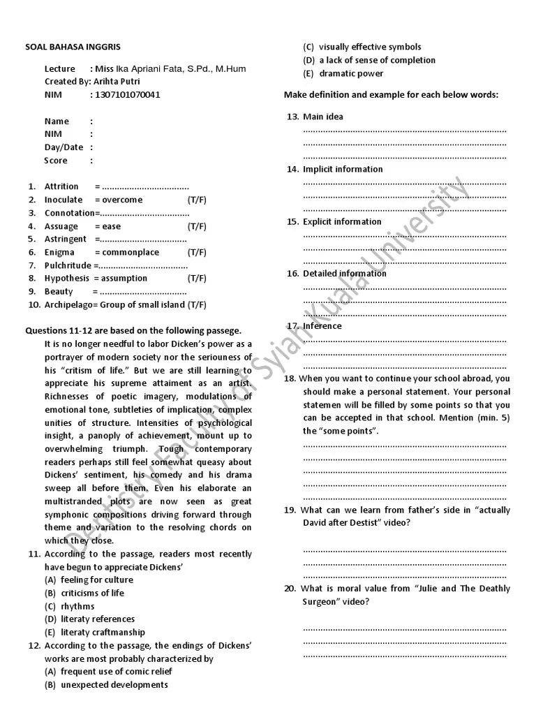 Soal Bahasa Inggris Kuliah