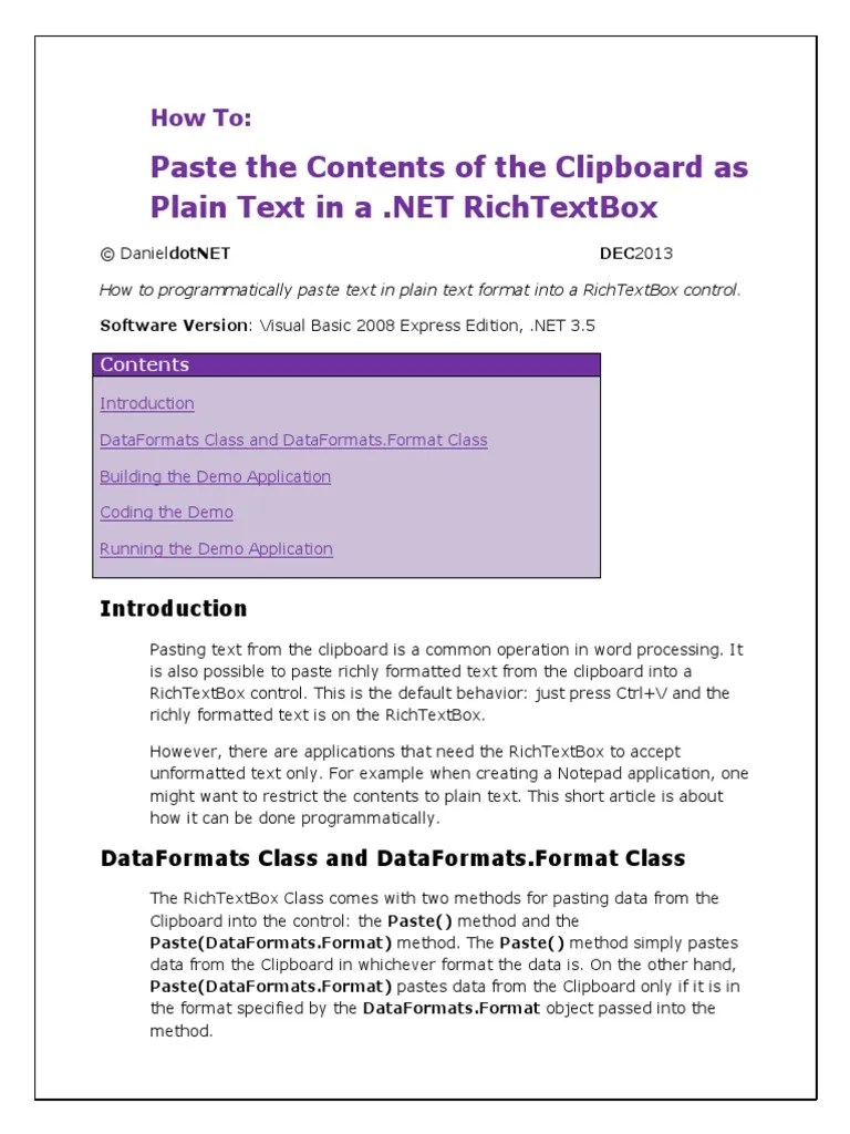 How to Paste Plain Text only in RichTextbox Control (Visual Basic