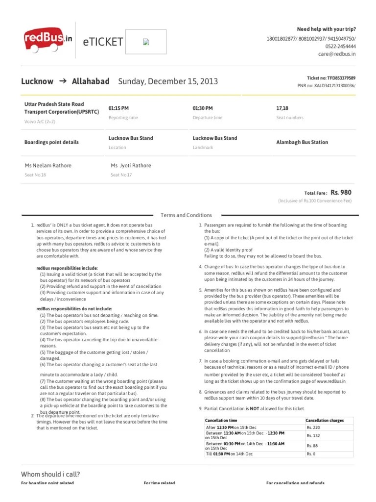 RedBus Ticket Format PDF Ticket (Admission) Public Transport