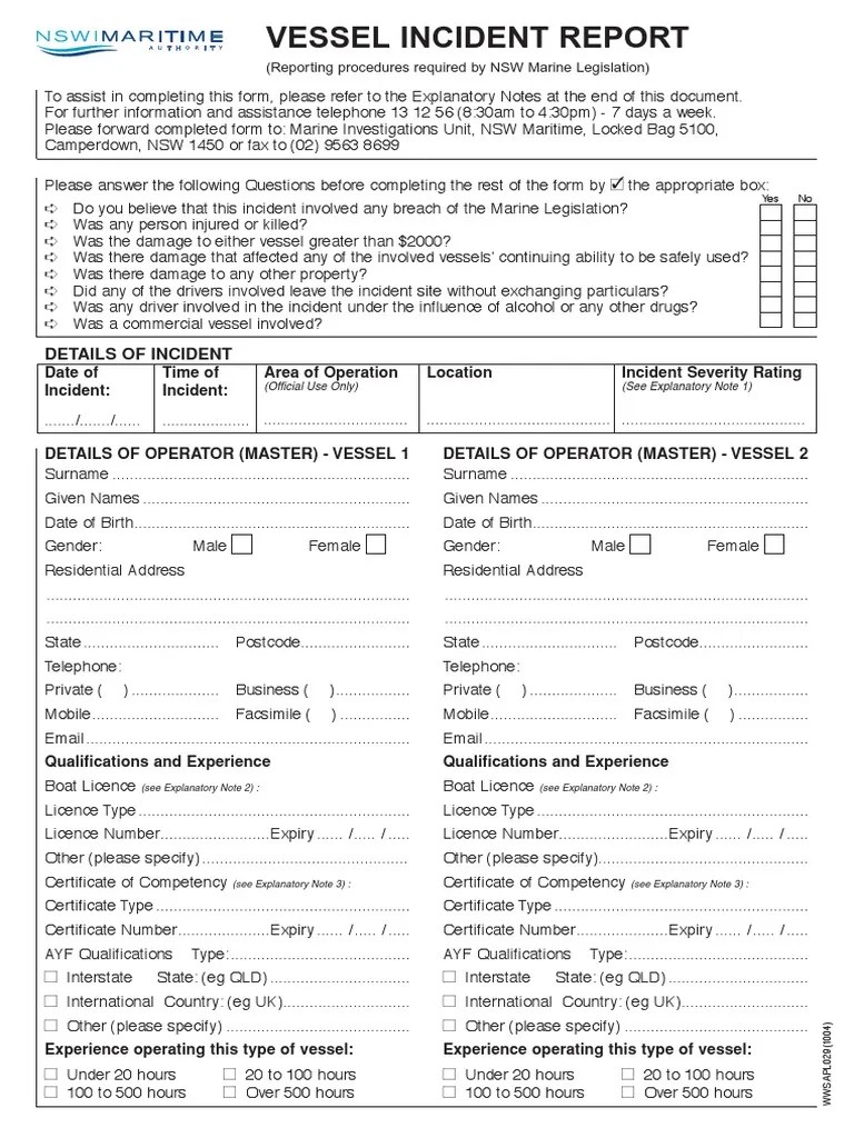 Maritime Vessel Incident Report Form Sea Captain Marine Propulsion