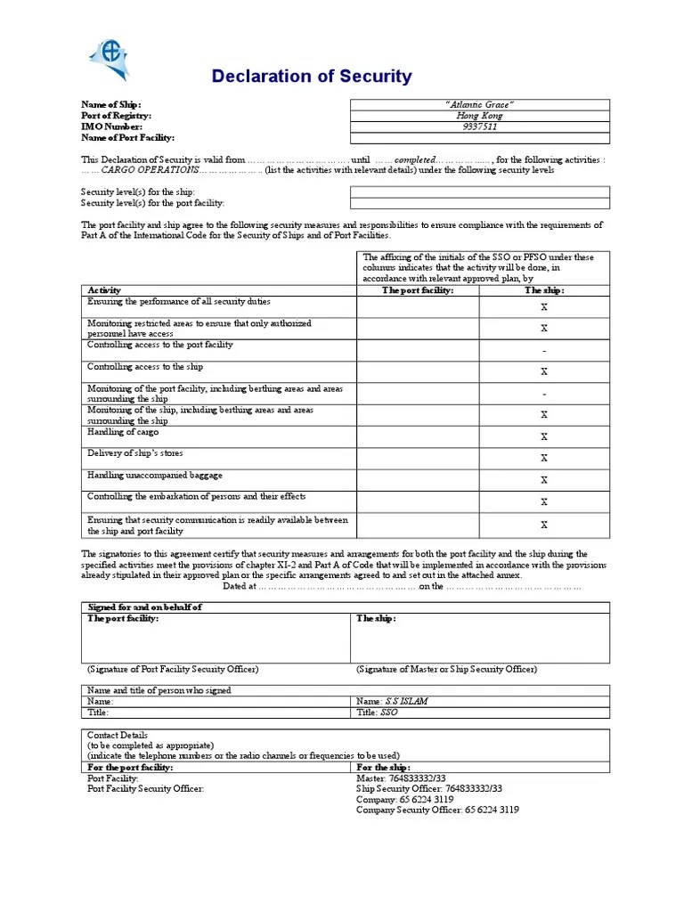 Declaration of Security.doc Port Ships Free 30day Trial Scribd