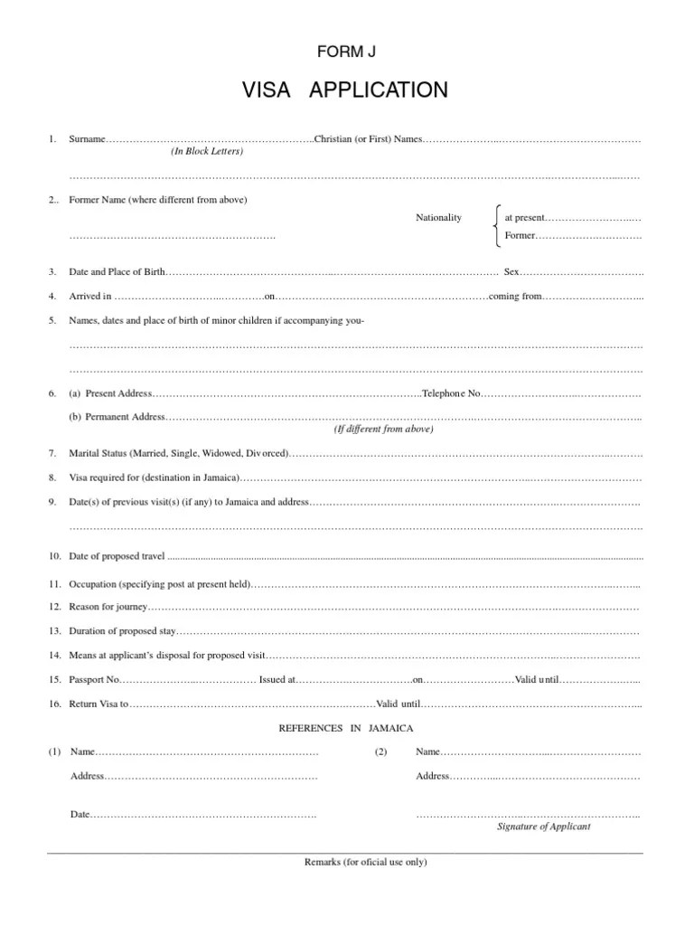 Jamaican Visa FORMJ PDF