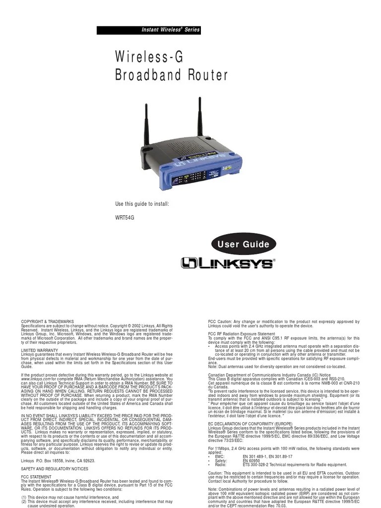 Linksys WirelessG Broadband Router WRT54G Ip Address Computer Network