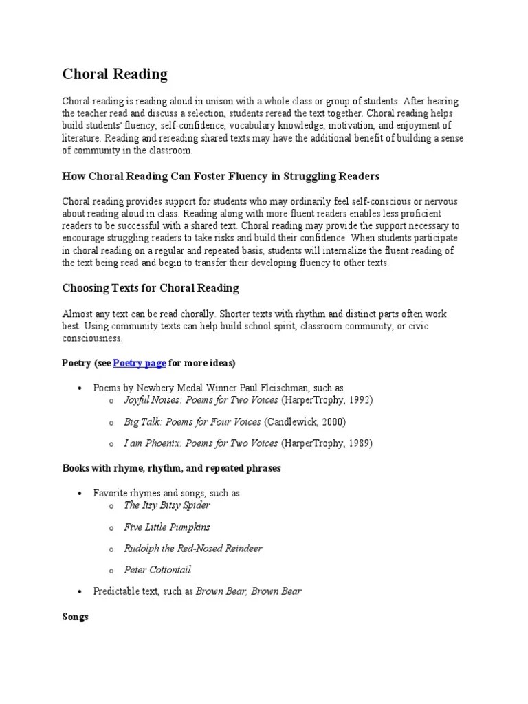 Choral Reading Reading (Process) Poetry