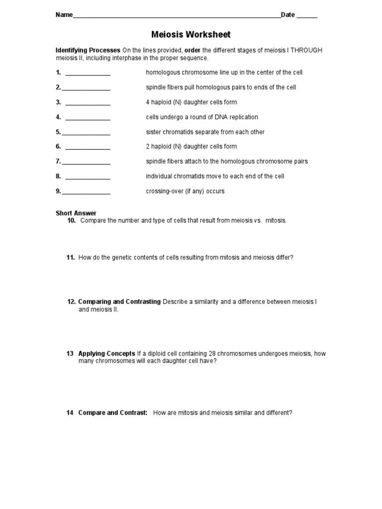 Meiosis Worksheets Meiosis Mitosis
