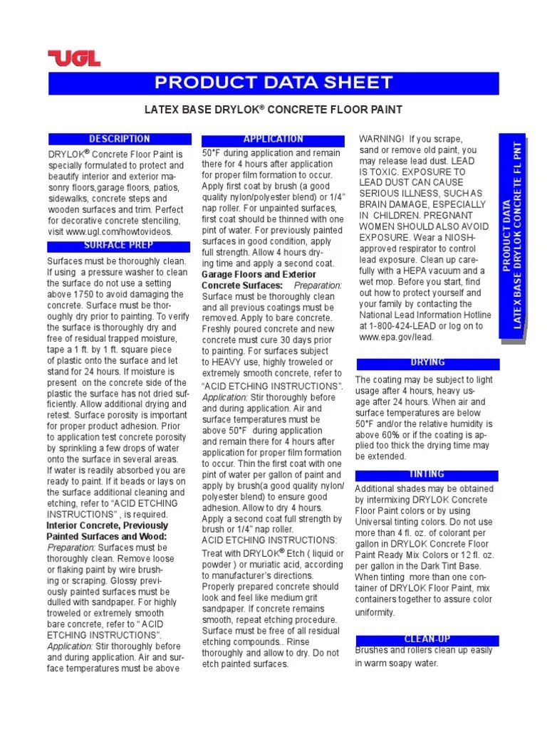DRYLOK Masonry DRYLOK Latex Concrete Floor Paint Data Sheet PDF Etching Paint