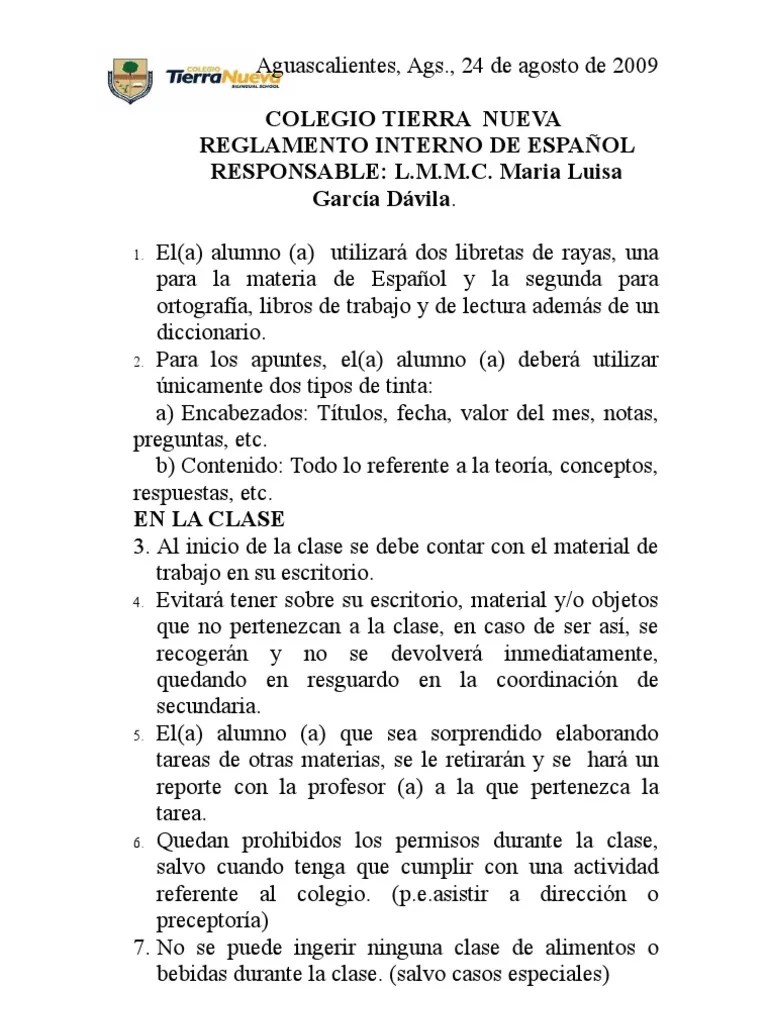 REGLAMENTO INTERNO DE ESPAÑOL