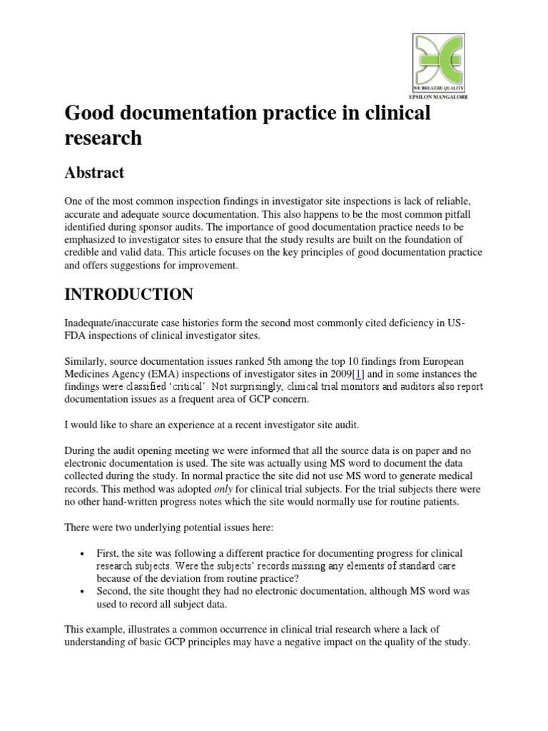 Good Documentation Practice in Clinical Research Clinical Trial