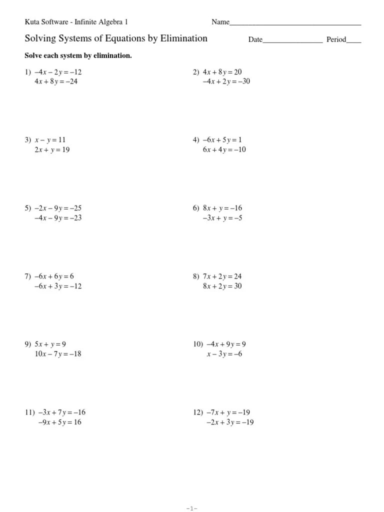 Systems of Equations Elimination Kuta Software