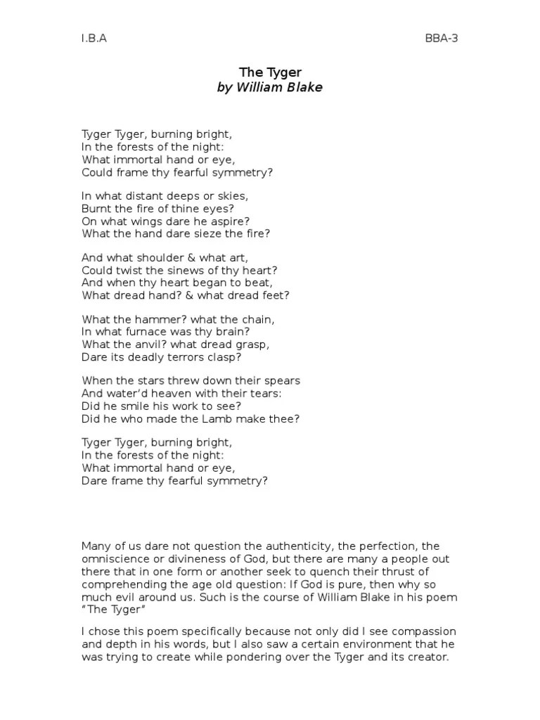 The Tyger by William Blake (short commentary) God