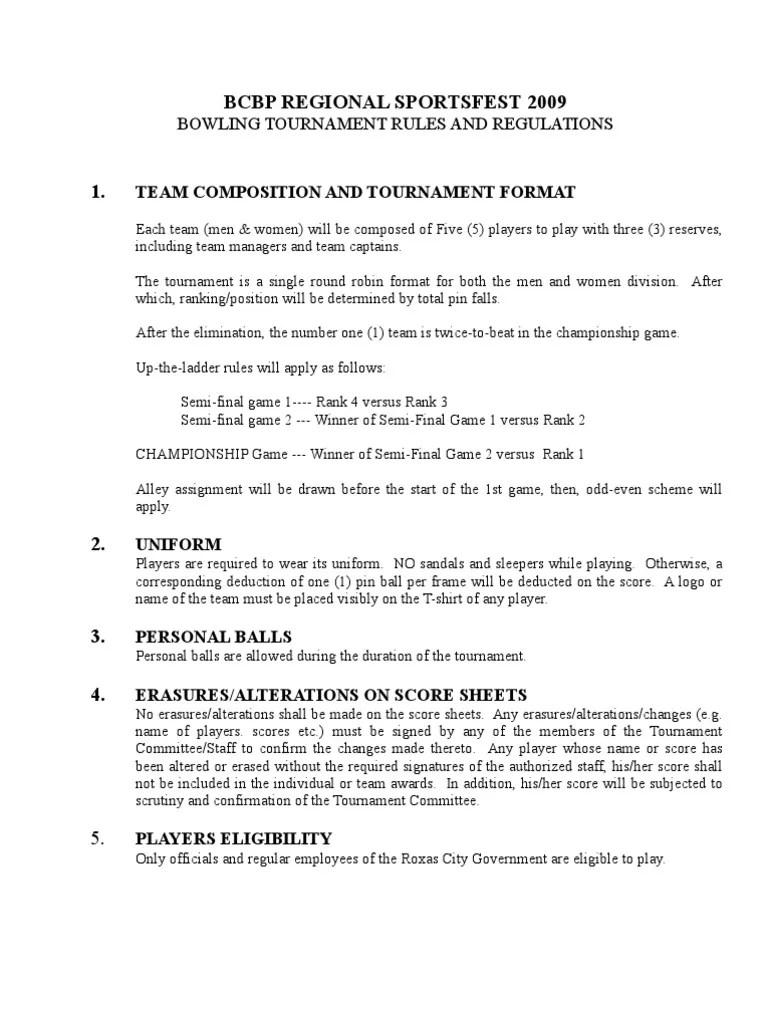 Bowling Tournament Rules and Regulations Tournament Team Sports