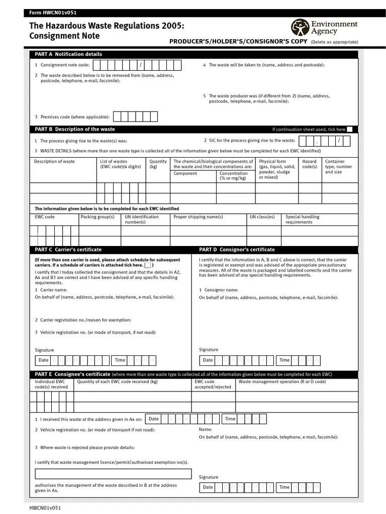 Hazardous Consignment Note Blank PDF Hazardous Waste Email