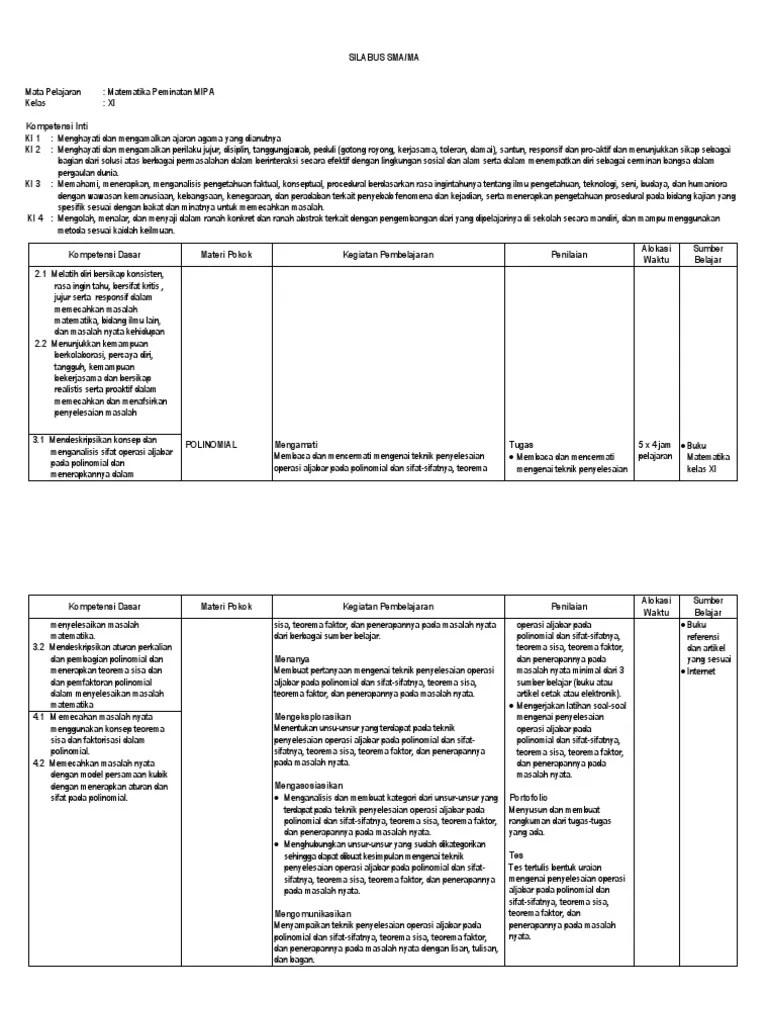 Silabus Matematika Sma Kelas Xi Peminatan Allson PDF