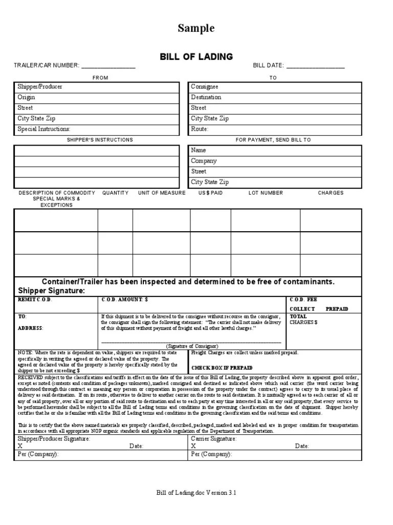 Ejemplo De Bill Of Lading En Español Opciones de Ejemplo