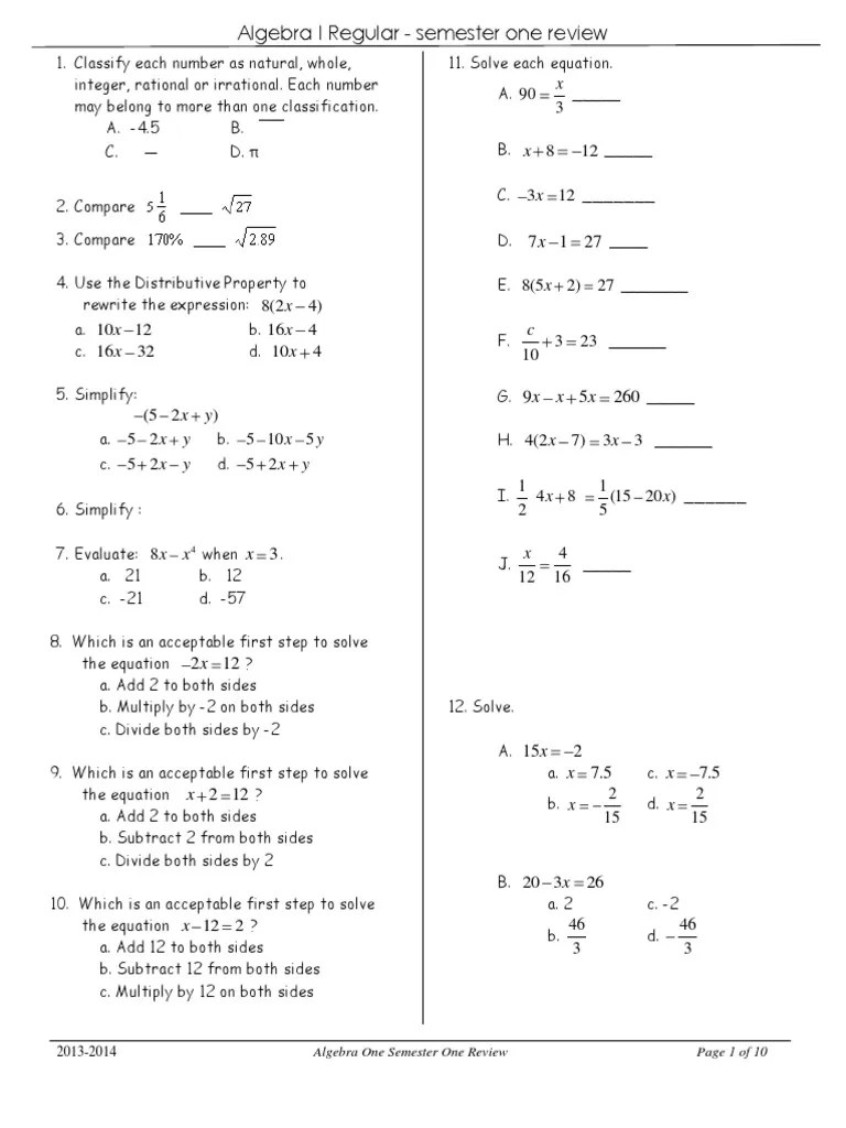 algebra 1 semester 1 review 1314 Inequality (Mathematics) Abstract