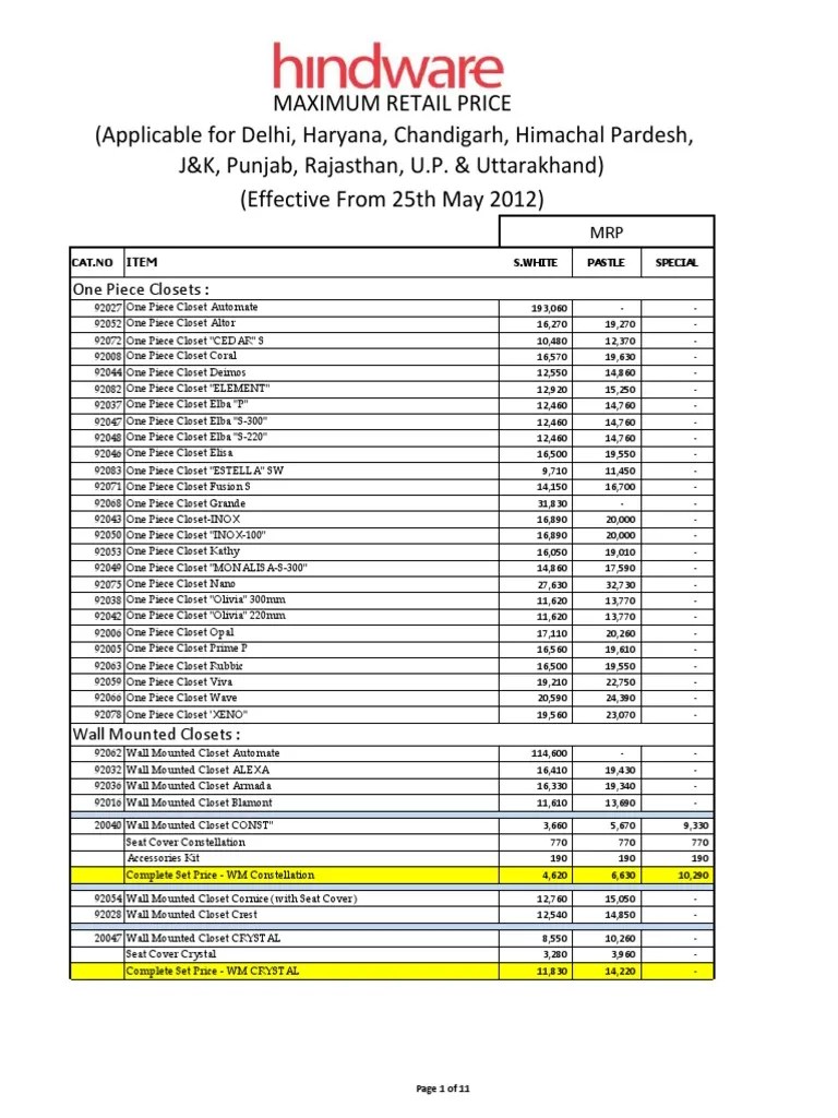 Hindware Price List