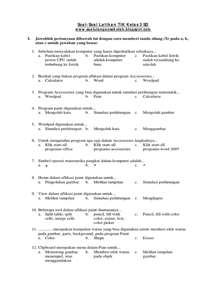 Soal Tik Kelas 1 Sd Semester 2 Dan Kunci Jawaban Online Class