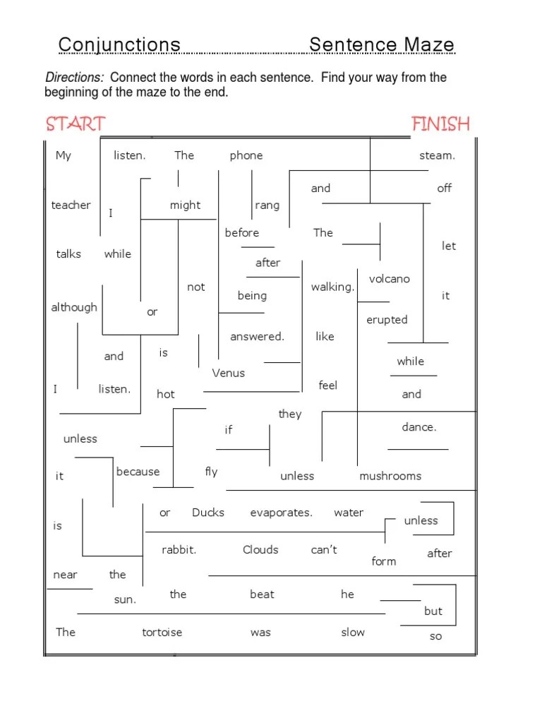Conjunctions Sentence Maze Finish Start PDF