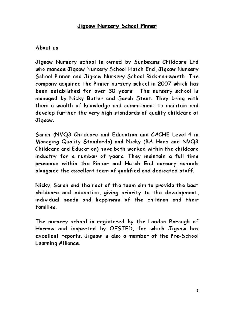 Jigsaw Nursery School Pinner PDF Child Care Relationships