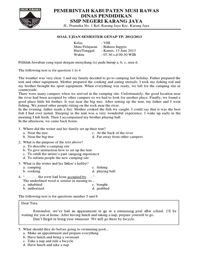 Soal Bahasa Inggris Semester Genap Kelas 8 Tahun Ajaran 20122013