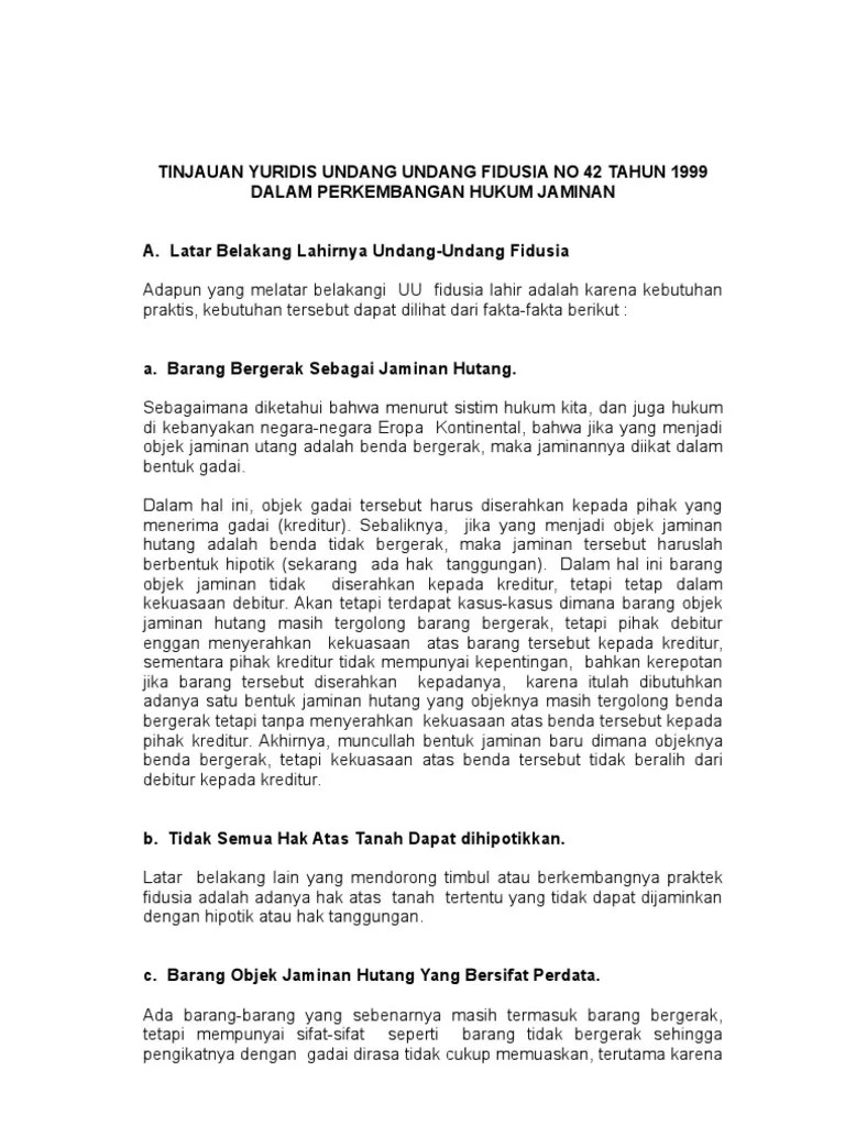 Tinjauan Yuridis Undang Undang Fidusia No 42 Tahun 1999 Dalam an Hukum