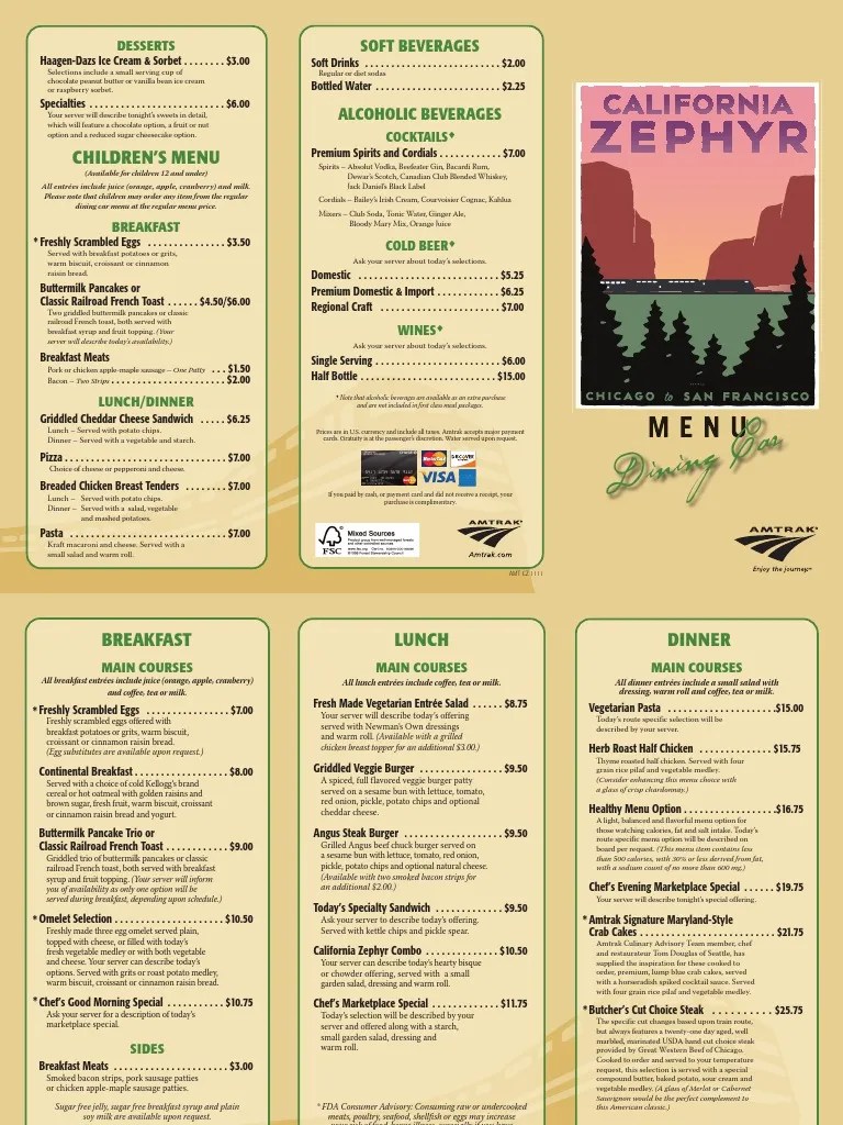 Amtrak California Zephyr Dining Car Menu 201111 Hamburgers Lunch