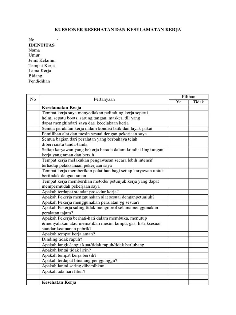 Kuesioner Kesehatan Dan Keselamatan Kerja