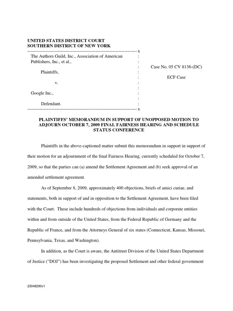 20090922 Memo in Support of Motion for Adjournment of Fairness