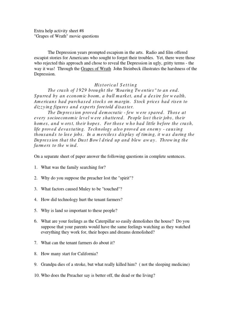 Grapes of Wrath Worksheet PDF Great Depression
