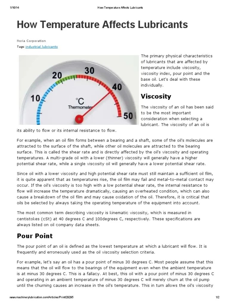 How Temperature Affects Lubricants Viscosity Lubricant