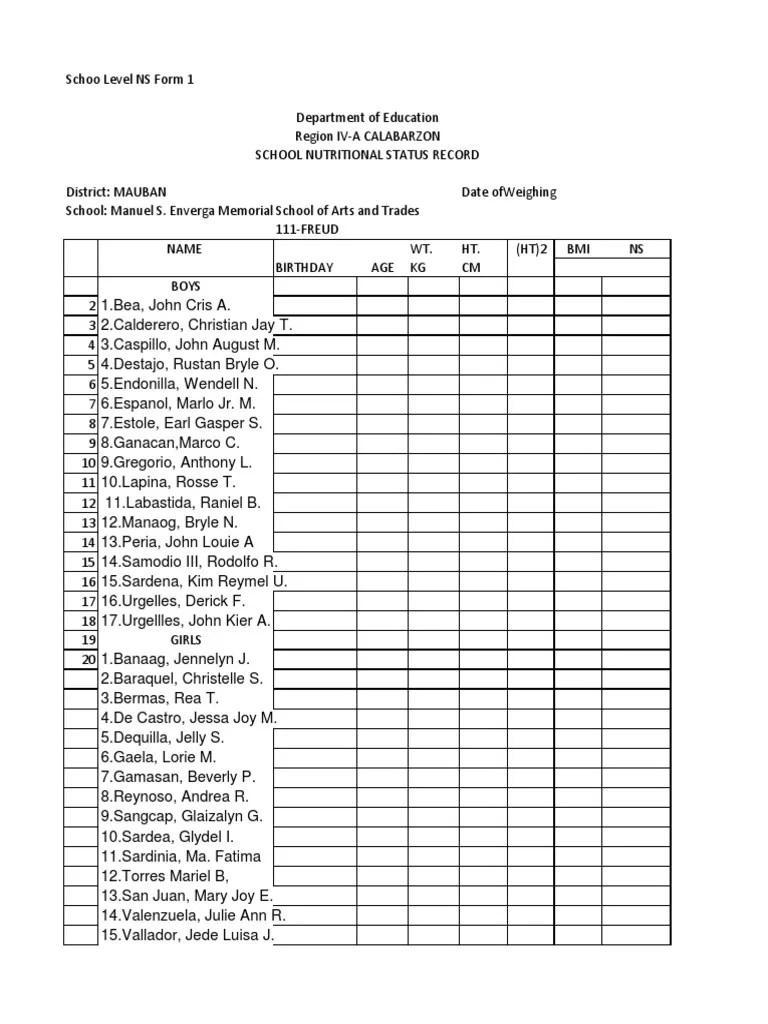 School Nutritional Status Record
