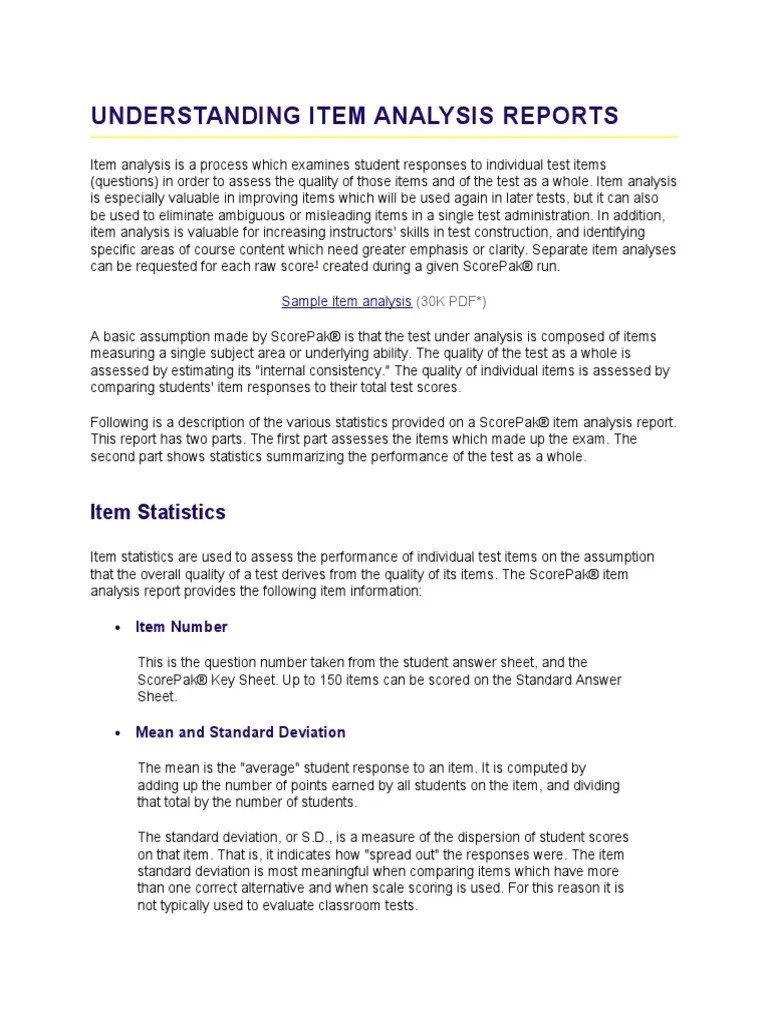 Item Analysis Reports Standard Error Test (Assessment)