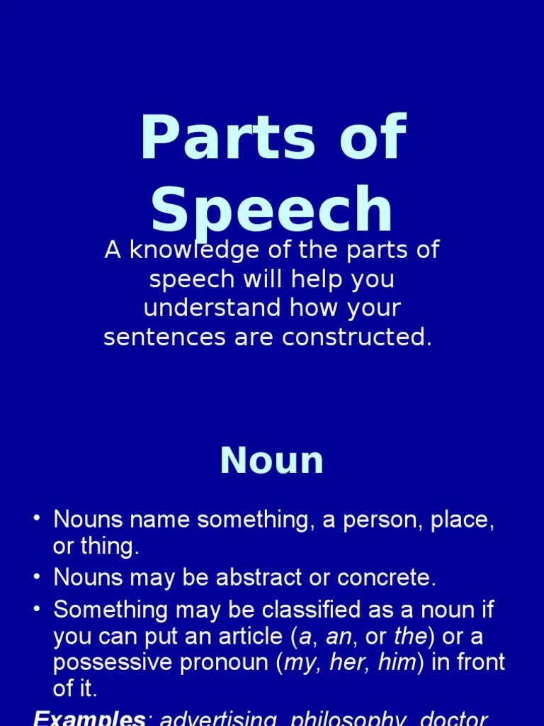 Parts of Speech A Knowledge of The Parts of Speech Will Help You