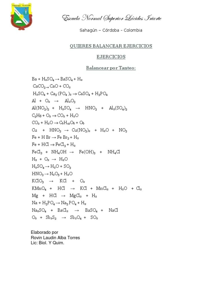 BALANCEO DE ECUACIONES QUÍMICAS POR TANTEO