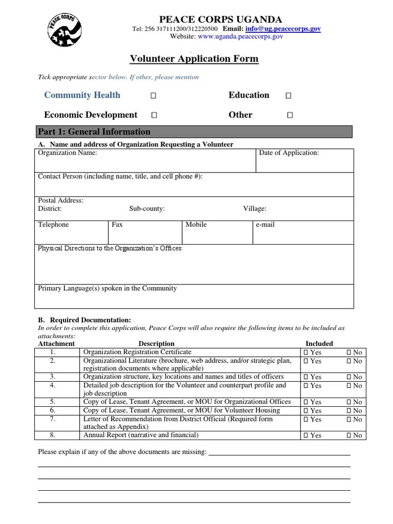 Peace Corps Request For Volunteer Application Form PDF Peace Corps