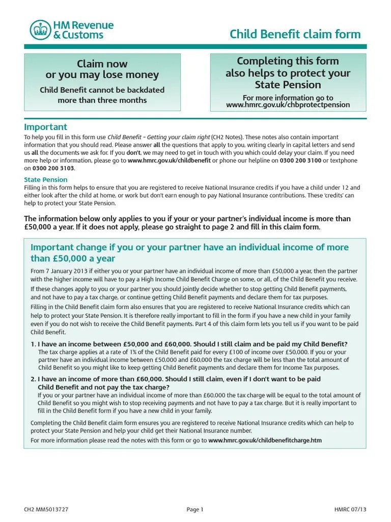 CH2 Child Benefit Claim Form PDF Tax Taxes