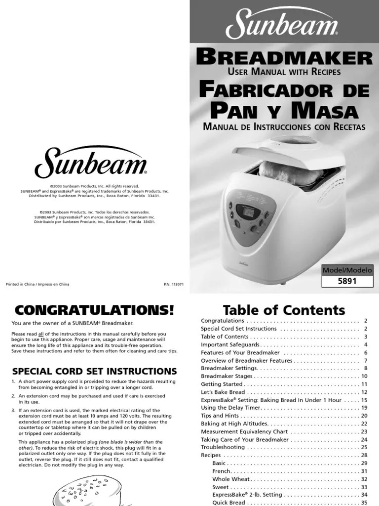 Bread Machine Sunbeam 5891 Breads Baking